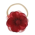 Detailansicht eines Baby-Stirnbands mit roter Netzblume auf beigem elastischem Band - #1 Rote Kugelblume
