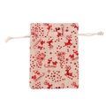 Dettaglio di un sacchetto in lino beige con coulisse e stampa rossa di renne di Natale - Babbo Natale in Slitta e Renna Rosso