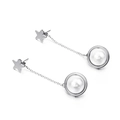 Silver star earrings with dangling chain and pearl pendant in a circular hoop - Star Silver Steel (KE85780-KFC)