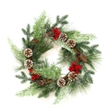 Christmas wreath with green pine needles, pine cones, and red berries on a vine base - Standard Without Light