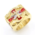 Heren gouden vrijmetselaars kroonring met rood emaille kruis en fonkelende stenen - US 7 / Goud (07402)