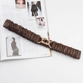 Detail van een bruine elastische geplooide taille riem met gouden dubbele ring gesp - koffiekleur