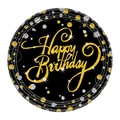 Black and gold Happy Birthday paper plate with glittering dots and swirls for adult parties - Black Gold Large Plate