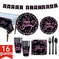 Black and pink Happy Birthday party decorations and tableware set for 16 guests - Pink Gold Party Tableware Set (Banner, Plates, Cups, Napkins, Tablecloth, And Cutlery)
