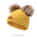 Ginger yellow knit double pom-pom beanie with braided texture and faux leather tag - Double Pom Pom / Yellow