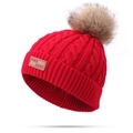 Winter cable knit beanie for kids in red with brown faux fur pom-poms and leather label - Single Pom Pom / Red
