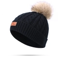 Zwarte gebreide wintermuts met lichtbruine pompon van imitatiebont en leren label - Enkele Pompon / Zwart