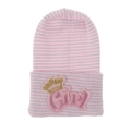 Close-up of pink striped baby knit hat featuring embroidered Girl text and gold crown - Pink & White Stripe With Girl