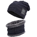 Winter knitted beanie and scarf set with fleece lining and nc patch in dark blue grey - Cyan