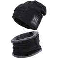 Dark grey knitted beanie and neck warmer set with soft faux fur lining and NC patch - Black