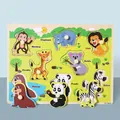 Educational wooden animal puzzle featuring monkey, lion, and giraffe with easy-grip pegs - Fun Animals