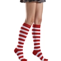 Detail of red and white striped knee-high cotton socks shown on a model against white background - Red and White Wide Stripes
