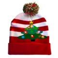 Red and white striped Christmas beanie with LED glowing trees and multicolor pompom - Red Christmas Tree
