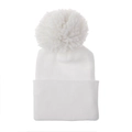 Close-up of white double-layered knit baby hat with soft pompom and ribbed cuff - White Hat With White Pom