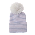 Detailed view of soft striped newborn beanie featuring a large fluffy white pom-pom - Blue Pink And White Striped Hat With White Pom