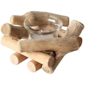 Handcrafted driftwood pillar candle holder with clear glass cup on white background - 14*14*8cm