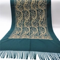 Detail of green paisley embroidery on thick cashmere-like scarf with fringe tassels - Green