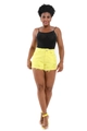 Women's yellow distressed high-waisted denim shorts with frayed hems and ripped details - Yellow