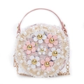 Pink round tweed crossbody bag for girls with pearl flowers and gold chain strap - Pink