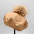 Detailed knit texture and oversized fluffy fur pompom on camel wool beret hat - M (56-58cm) / Camel