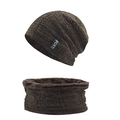Detail of dark brown chenille knitted hat and neck warmer set with sports tag - Coffee