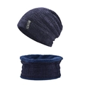 Detail of navy knit beanie and neck warmer set with thick fleece lining and sports tag - Navy Blue