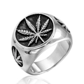 Vintage stainless steel ring featuring oxidized cannabis leaf embossed patterns - US 7 / Steel