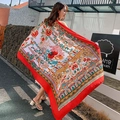 Ethnic style floral cotton linen shawl in vibrant red for summer beach sun protection - 180cm / Red Border Vintage Floral Style (L211)