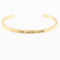 Minimalist gold stainless steel open bangle with Live Laugh Love engraved text - LIVE LAUGH LOVE