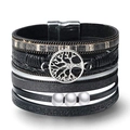 Macro view of multi-layer leather bracelet with tree of life charm and magnetic clasp - Black