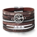 Close-up of multilayer brown leather bracelet with tree of life charm and magnetic clasp - Brown