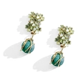 Orecchini vintage con fiori gialli e perla verde in cornice a rete dorata - Placcato Oro 14k + Verde