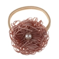 Close-up of pink ribbon flower headband with pearl center on elastic band - #7 Dusty Rose Nest Flower