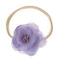 Close-up of baby headband featuring light purple fabric flower and beige elastic band - #5 Cored Purple Flower