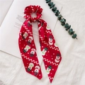 Red Christmas hair scrunchie with long ribbons featuring snowman and snowflake prints - Red Snowman Ribbon