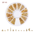 Detailed macro view of gold mixed moon and star nail art charms in a 12-slot storage wheel box - Triangle Shell Square Combination(ZP-05)