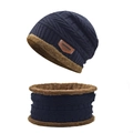 Detail of winter knit hat and neck gaiter set with thick fleece lining and cable knit texture - Navy Blue Set