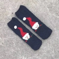 Dark blue coral fleece Christmas socks featuring a 3D white pom-pom and Santa motif - Navy Red Hat Santa