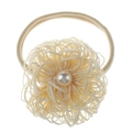 Detail of beige nylon baby headband featuring a large mesh flower with faux pearl - Beige Bird Nest Flower