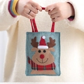 Sacchetto regalo di Natale in lino blu con ricamo renna e manici a quadri rossi - Renna