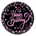 Pink glitter Happy Birthday paper plate with silver dots on black background - Pink Gold Large Plate