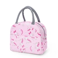 Pink insulated lunch bag with unicorn and rainbow patterns and grey carry handle - Dreamy Rainbow Unicorn