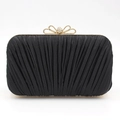 Elegant black pleated evening clutch bag with a golden bow rhinestone clasp for women - 19.5cm*4cm*9cm / Black