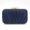 Pleated navy blue satin evening clutch bag with a rhinestone bow metal clasp - 19.5cm*4cm*9cm / Dark Blue