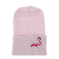 Detail of pink and white striped baby knit hat featuring a cute flamingo embroidery patch - Pink & White Stripe With Flamingo