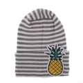 Detail of baby knit hat featuring grey and white stripes with yellow pineapple embroidery - Gray & White Stripe With Pineapple