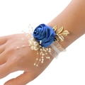 Dark blue satin flower wrist corsage with gold leaves and white pearls for bridesmaids - Sapphire Blue