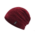 Detail of dark red knit beanie showing chenille texture and black CARE woven label - One Size / Chenille Deep Wine Red