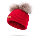 Red cable knit winter hat for children featuring two large grey faux fur pom-poms - Double Pom Pom / Red