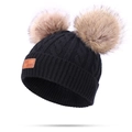 Kids black cable knit beanie featuring dual faux fur pom-poms and a leather patch - Double Pom Pom / Black